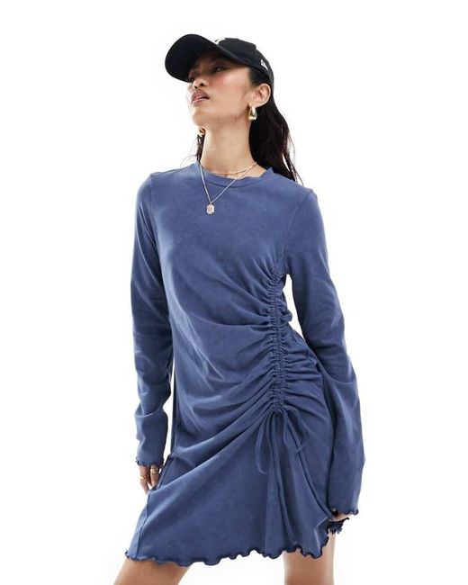 ASOS Blue Long Sleeve With Ruching Detail Mini Dress