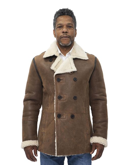 Infinity Leather Brown Double Breasted Shearling Sheepskin Pea Coat-Valencia for men