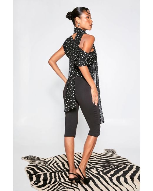 Boohoo Black Polka Dot Chiffon Asymmetric Wrap Top
