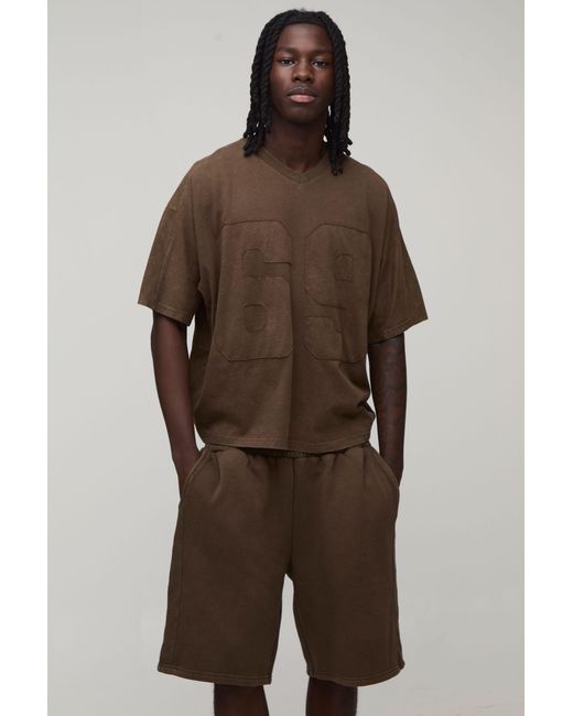 BoohooMAN Brown Oversized Boxy Applique Washed T-Shirt And Short Set for men