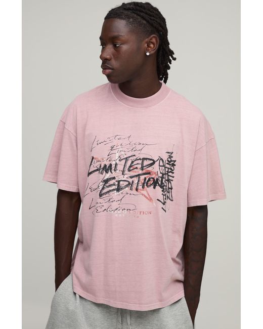 BoohooMAN Pink Washed Oversized Stacked Limited Edition Print T-Shirt Cotton for men