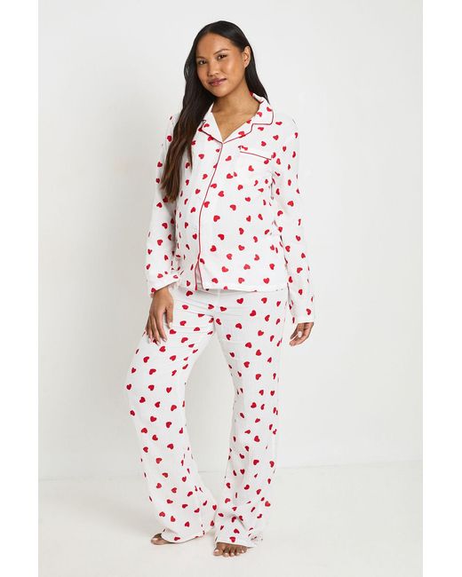 Boohoo White Tall Heart Print Muslin Long Sleeve Shirt & Trouser Pyjama Set