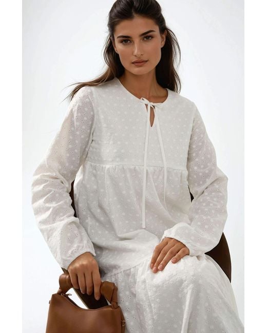 Hiccup White Textured Maxi Dress With Crew Neck