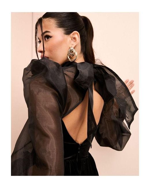 ASOS Black High Neck Corsetted Velvet Mini Dress With Sheer Sleeves