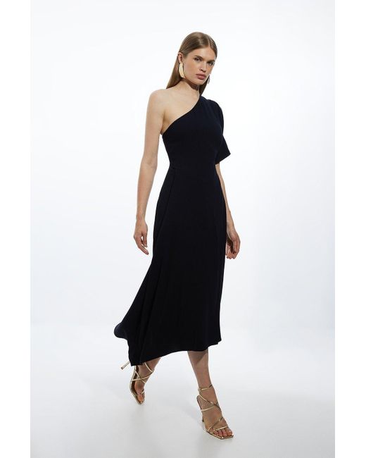 Karen Millen Black Fluid Tailored One Shoulder Asymmetric Drape Midi Dress