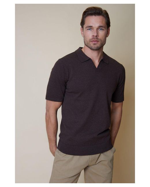 Threadbare Brown 'Desford' Cotton Mix Trophy Neck Short Sleeve Knitted Polo for men