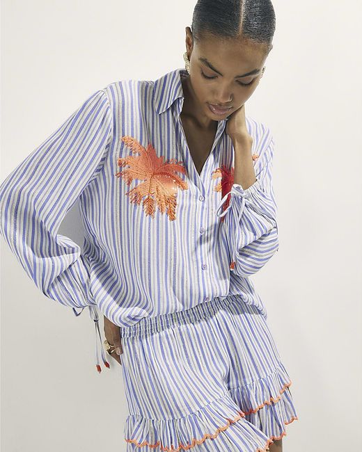River Island White Shirt Striped Embellished Palm Beach Viscose