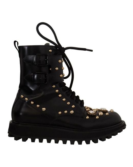 Dolce & Gabbana Black Leather Crystal Embellished Boots Shoes Calf Leather for men
