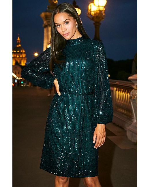 Sosandar Blue Emerald Sequin High Neck Belted Shift Dress Metallic