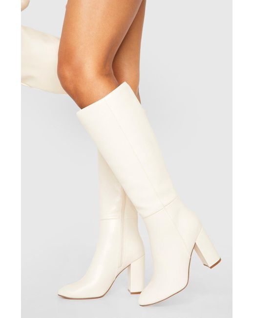 Boohoo White Knee High Block Heel Boots