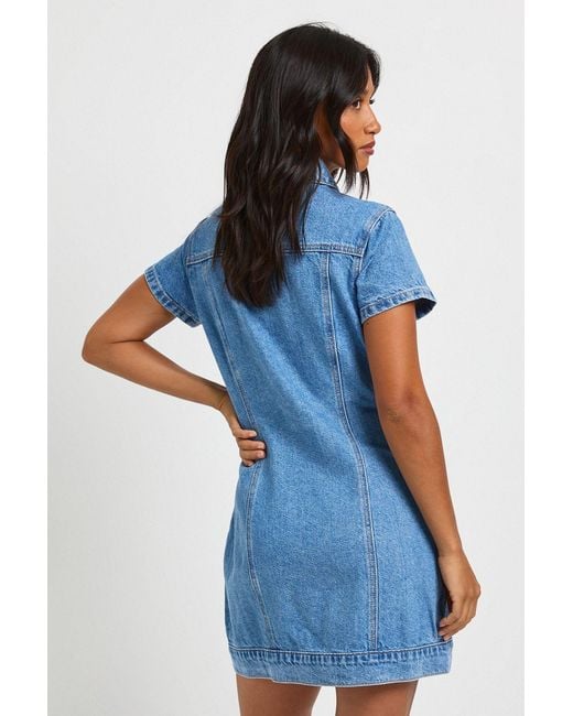 Boohoo Blue Petite Western Denim Short Sleeve Mini Dress