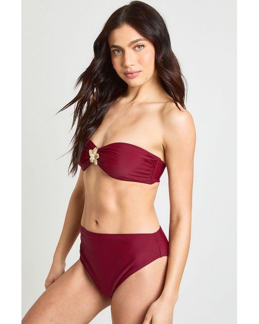 Boohoo Red Trim Bandeau Bikini Top And High Waist Bottom