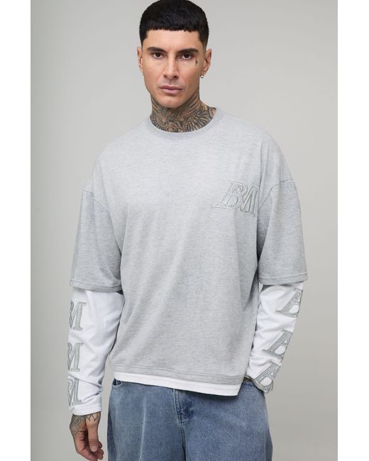 BoohooMAN Gray Tall Oversized Boxy Faux Layer Acid Wash Applique T-Shirt for men