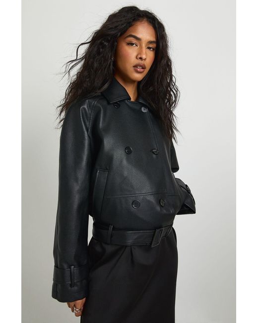 Boohoo Black Faux Leather Short Trench Coat