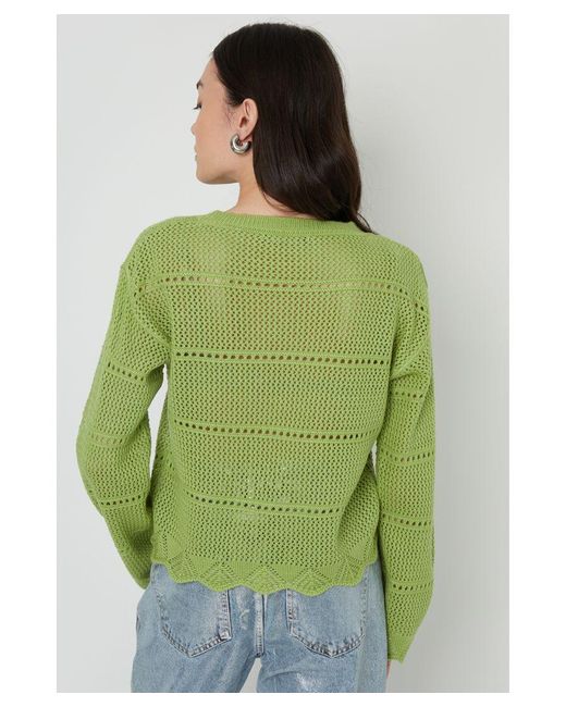 Threadbare Green Pale 'Melbourne' Pointelle Crochet Jumper