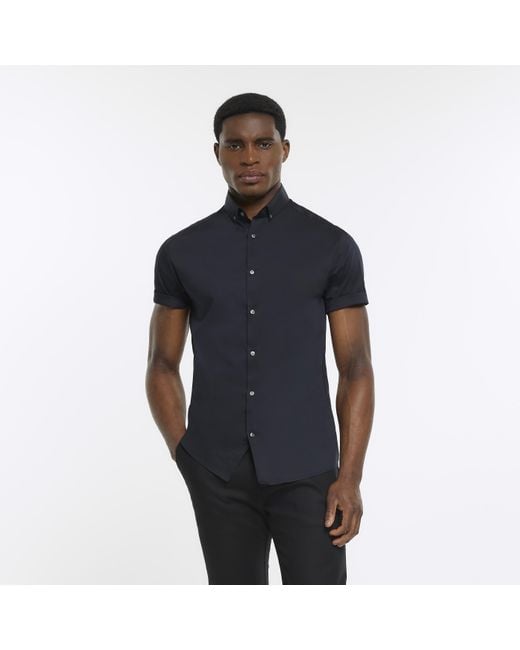 River Island Blue Shirt Muscle Fit Short Sleeve for men