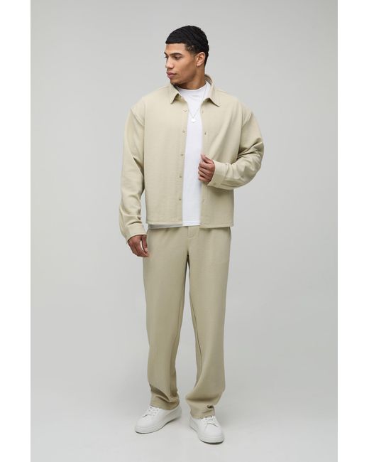 BoohooMAN Natural Long Sleeve Jersey Herringbone Shirt & Trouser Set for men