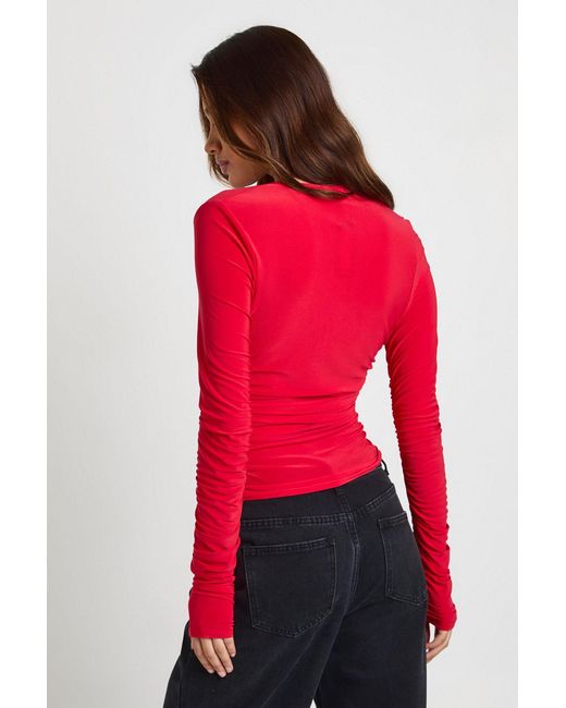 Boohoo Red Slinky Ruched Long Sleeve V Neck Top