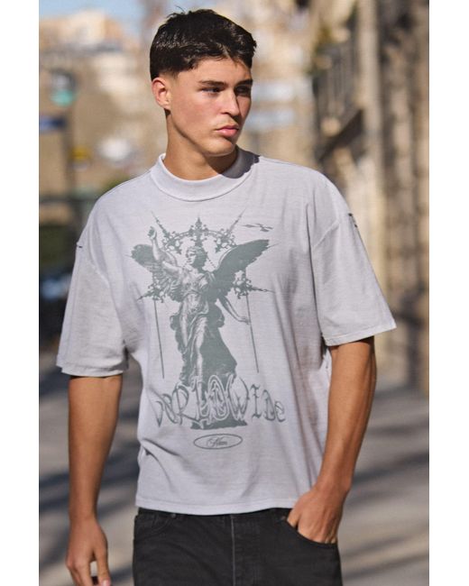 BoohooMAN Gray Washed Oversized Boxy Exposed Seam Renaissance Print T-Shirt for men