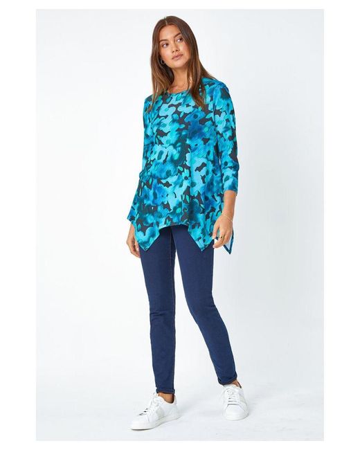 Roman Blue Floral Print Mesh Hanky Hem Top