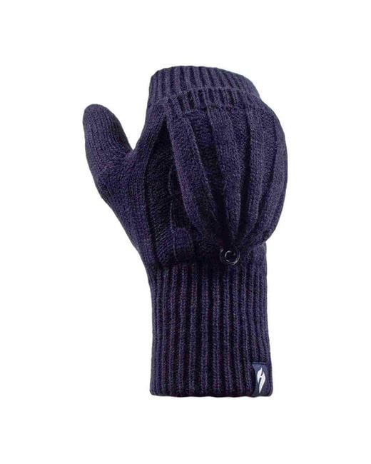 Heat Holders Blue Ladies Cable Knit 2.3 Tog Thermal Winter Fingerless Converter Gloves