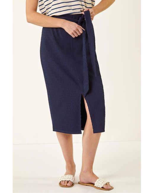 Roman Blue Textured Belted Pencil Skirt