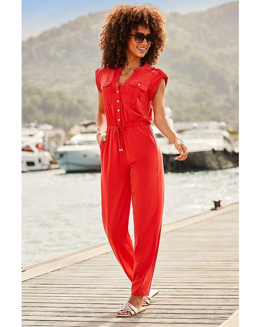 Sosandar Red Stretch Waist Utility Jumpsuit