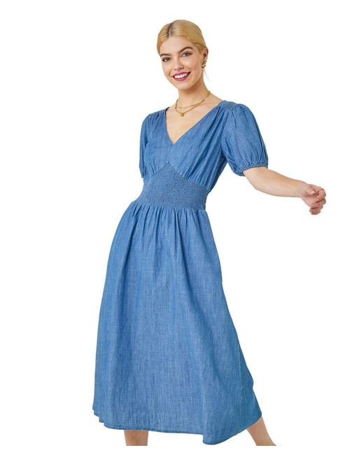 D.u.s.k Blue Shirred Waist Pocket Midi Dress