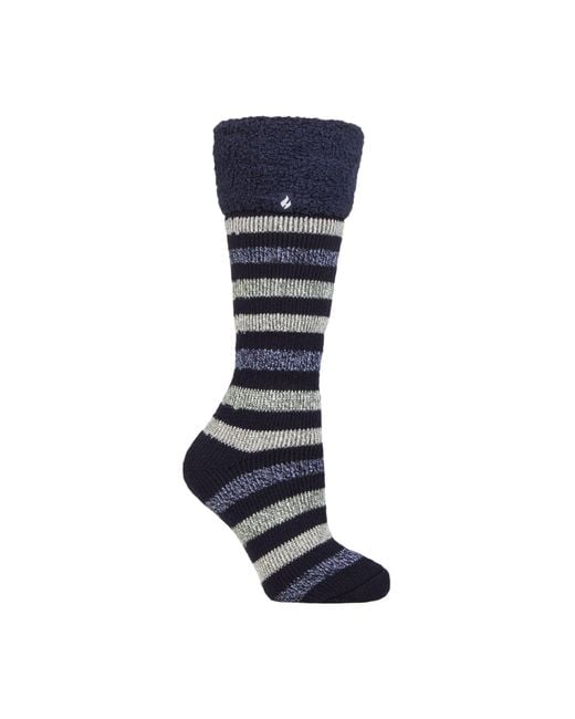 Heat Holders Blue Ladies Multicoloured Striped Patterned Long Wellington Boot Thermal Socks