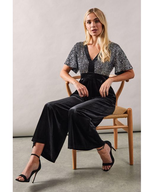 Wallis Black Petite Sequin Contrast Velvet Jumpsuit