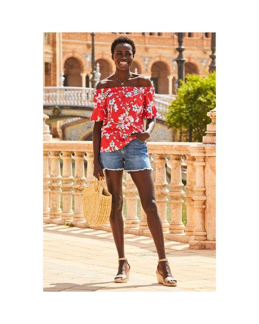 Sosandar Red Print Fluted Sleeve Bardot Top Denim