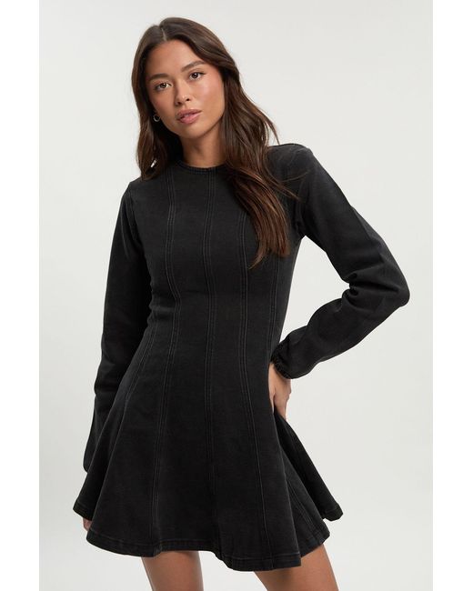 Boohoo Black Long Sleeve Seam Detail Denim Dress
