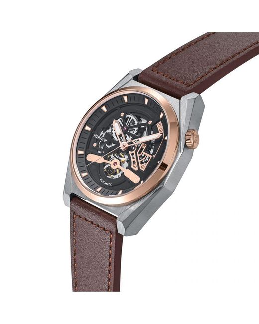 Heritor Brown Amadeus Semi-Skeleton Leather-Band Watch for men