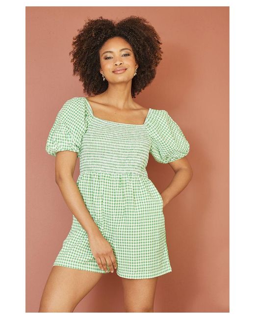Yumi' Green Cotton Gingham Puff Sleeve Playsuit