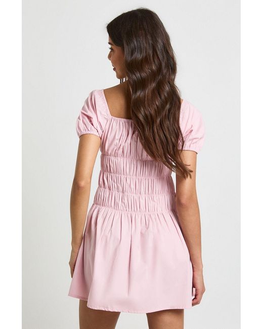 Boohoo Pink Cotton Poplin Shirred Bodice Puff Sleeve Mini Dress
