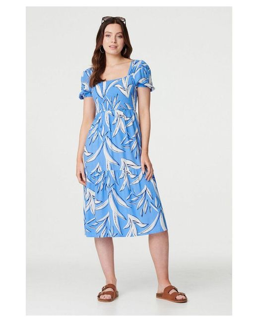 Izabel London Gray Leaf Print Smocked Midi Dress