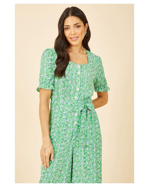 Yumi' Green Floral Puff Sleeve Jumpsuit