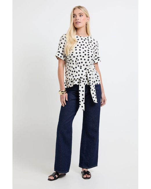 Wallis White Petite Polka Dot Tie Side Sleeve Detail T Shirt