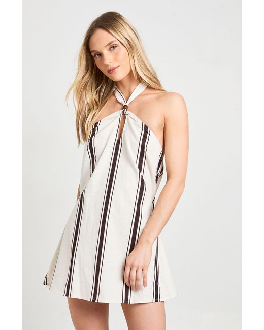 Boohoo White Petite Linen Stripe Beaded Mini Swing Dress