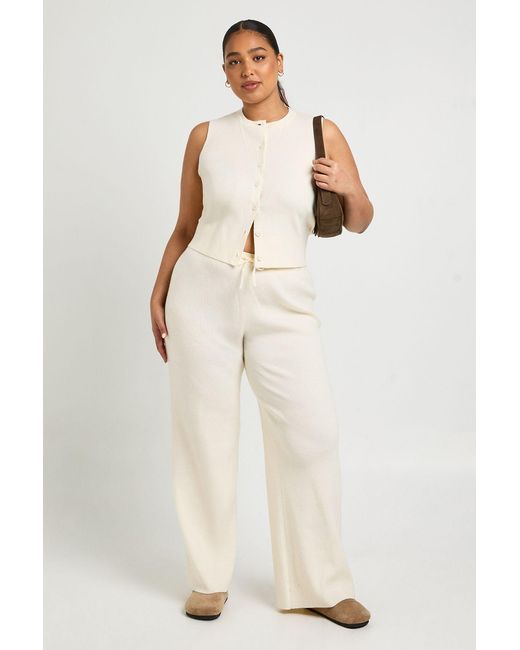 Boohoo White Plus Super Soft Rib Knitted Waistcoat And Wide Leg Trouser Co-Ord