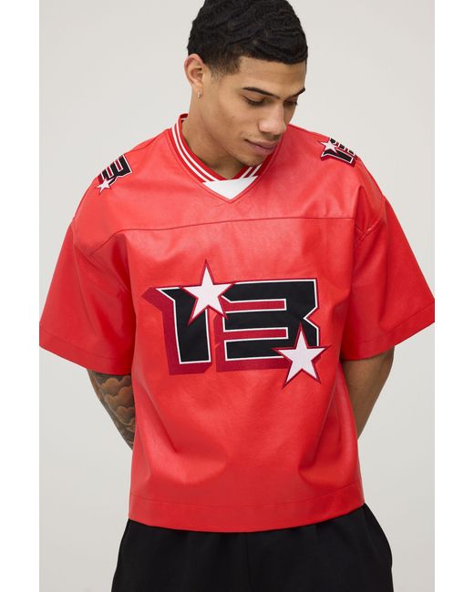 BoohooMAN Red Oversized Varsity Applique Pu Hockey T-Shirt for men