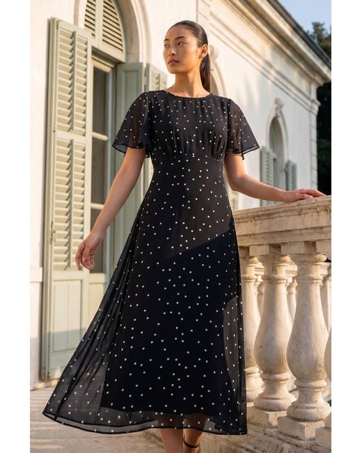 Roman Black Petite Spot Dot Chiffon Dress