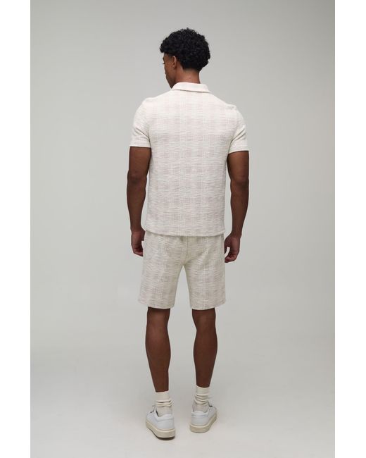 BoohooMAN Natural Slim Fit Boucle Check Zip Neck Polo & Shorts Set for men