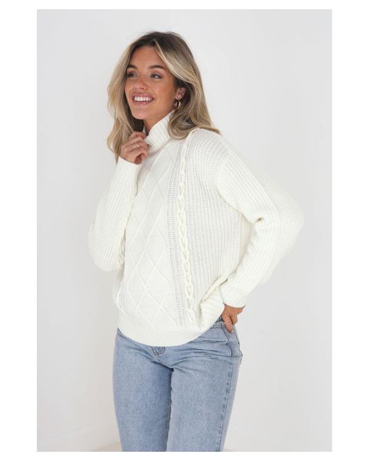 Brave Soul White 'Tabby' Funnel Neck Cable Knit Jumper