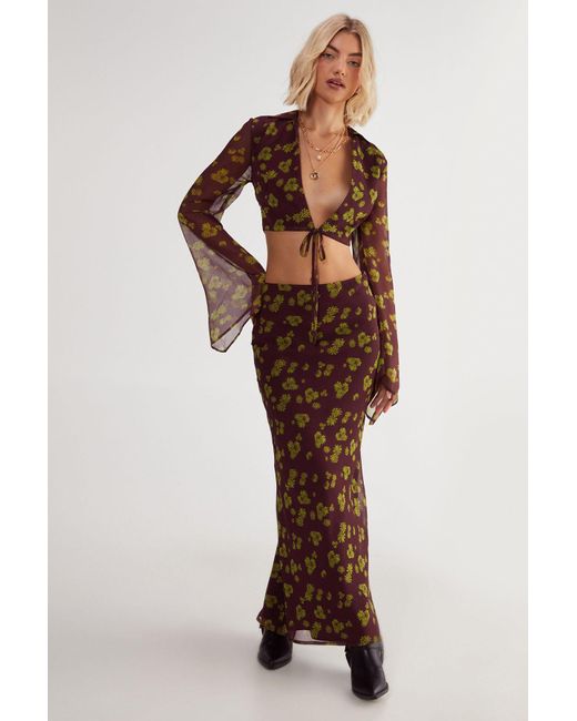 Nasty Gal Brown Ditsy Crinkle Chiffon Bias Maxi Skirt