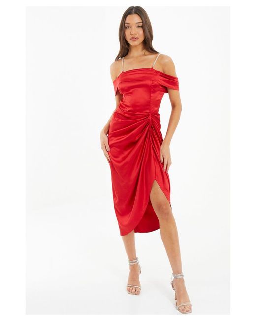 Quiz Red Satin Ruched Cold Shoulder Midi Dress