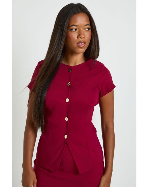 Boohoo Red Bengaline Cap Sleeve Button Through Top