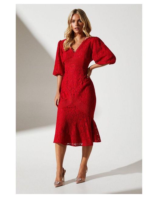 Coast Red Petite Lace Blouson Sleeve Midi Dress