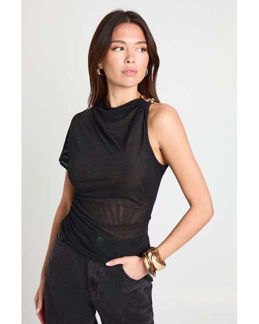 Boohoo Black Asymmetric Trim Shoulder Detail Top