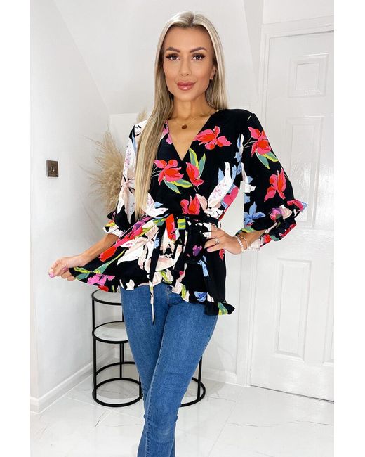 AX Paris Blue Multi Floral Printed Frill Hem Wrap Top